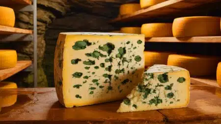 Illustration of the evolutionary change of Penicillium solitum mold on Bayley Hazen Blue cheese from green to white.