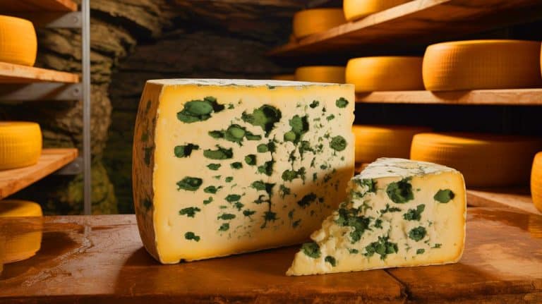 Illustration of the evolutionary change of Penicillium solitum mold on Bayley Hazen Blue cheese from green to white.