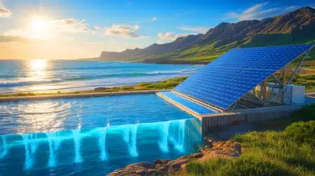 Illustration of a solar desalination device using innovative materials to convert seawater into potable water.