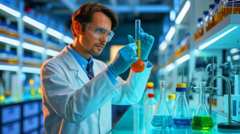 Illustration of a researcher inspecting a sample of liquid fuel created from plastics.