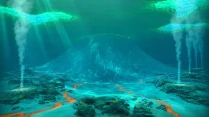 Illustration of the Axial Seamount, an underwater volcano off the Oregon coast, showing signs of imminent eruption.