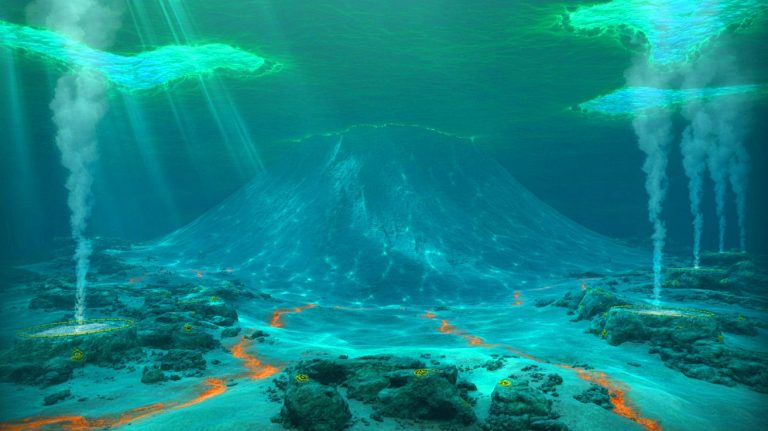 Illustration of the Axial Seamount, an underwater volcano off the Oregon coast, showing signs of imminent eruption.