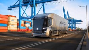 Illustration of a fully autonomous heavy-duty vehicle operated by Einride on a public road in Belgium.