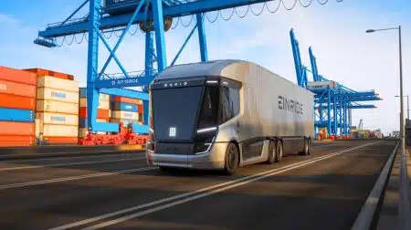 Illustration of a fully autonomous heavy-duty vehicle operated by Einride on a public road in Belgium.