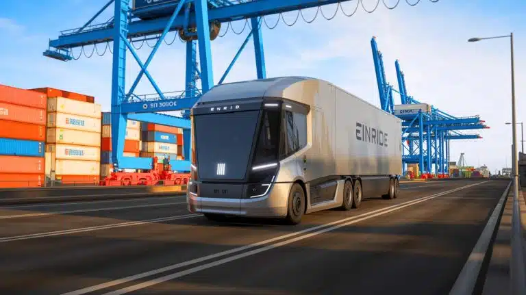 Illustration of a fully autonomous heavy-duty vehicle operated by Einride on a public road in Belgium.