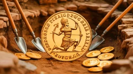 Illustration of the discovered Persian gold hoard featuring daric coins with a kneeling archer design.