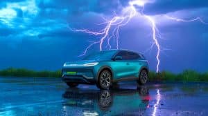 “BYD Car Survives Triple Lightning Strike”: Electric SUV Hit 3 Times in Guangxi While Passengers Inside Remain Completely Unharmed Illustration of a BYD Song Plus electric vehicle struck by lightning three times.