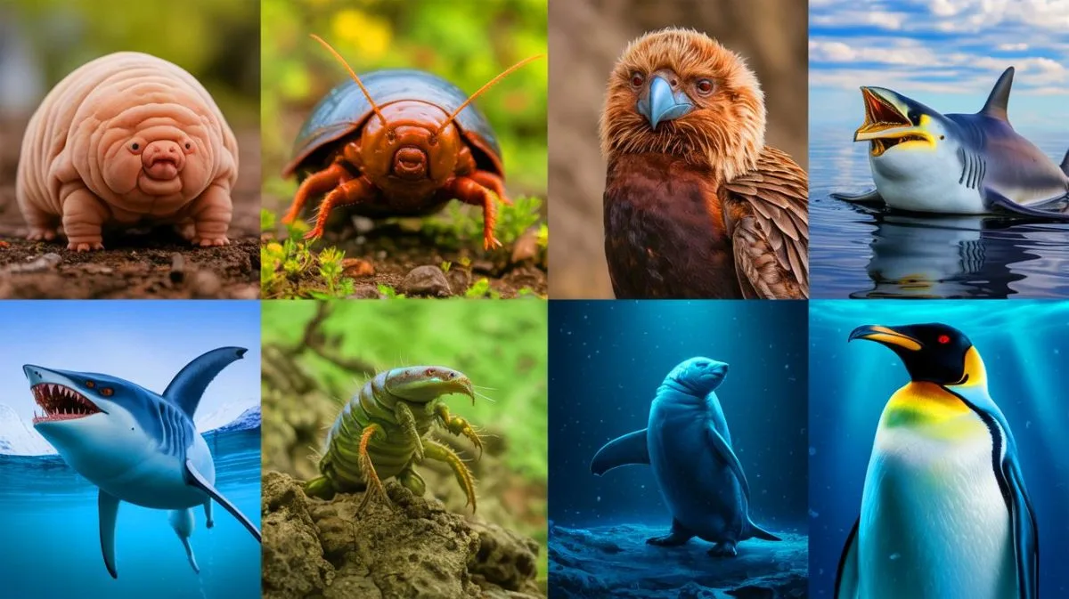 Illustration of creatures that could thrive after a global catastrophe, including tardigrades, cockroaches, vultures, sharks, and emperor penguins.
