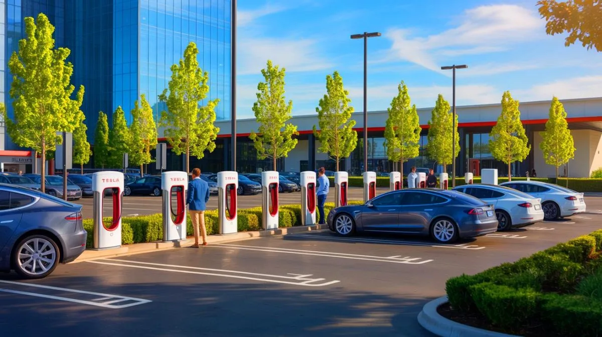 Illustration of Tesla Superchargers being sold to businesses to expand infrastructure.