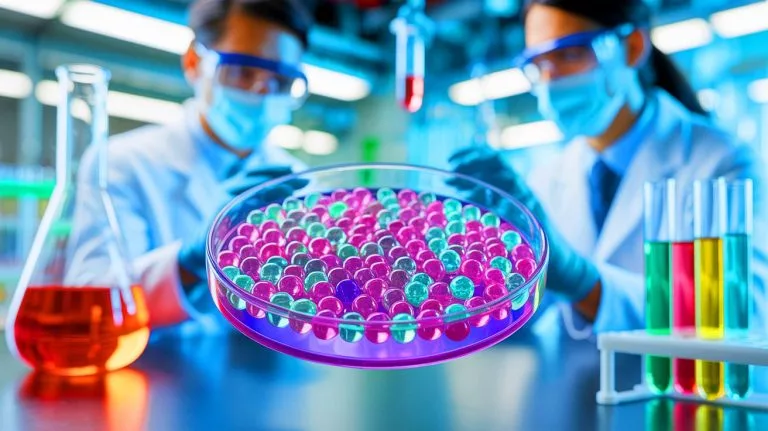Illustration of edible microbeads designed to absorb intestinal fat for weight loss.