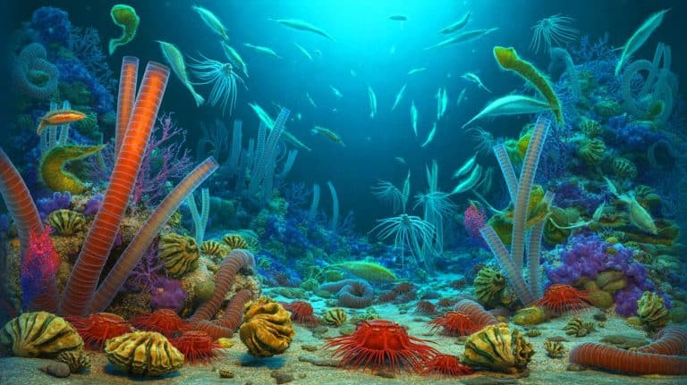 “Giant Worms Found 10 Kilometers Deep”: Chinese Sub Discovers Thriving Ecosystem While Scientists Thought Nothing Could Survive At Crushing Ocean Depths Illustration of a vibrant ecosystem of giant marine creatures discovered deep in the Pacific Ocean.