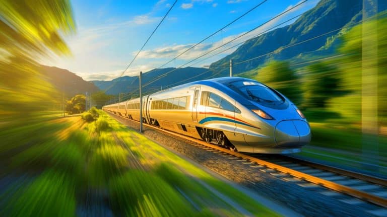 Illustration of high-speed trains advancing modern transportation with cutting-edge technology and unprecedented efficiency.
