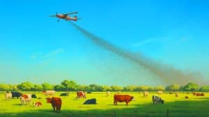 Illustration of sterile flies being released to combat screwworm infestation in livestock.
