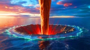 Illustration of the Silverpit Crater formation caused by an ancient asteroid impact beneath the North Sea.