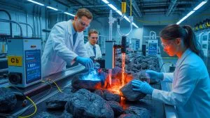 Illustration of researchers extracting hydrogen from iron-rich rocks as a clean energy source.
