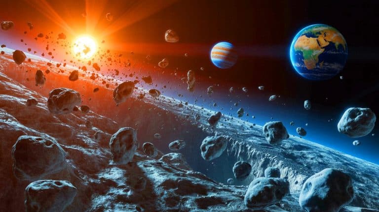 Illustration of asteroids with Earth in the background.