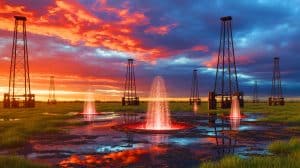 Illustration of Toxic Geysers Erupting from Abandoned Wells in the Permian Basin.