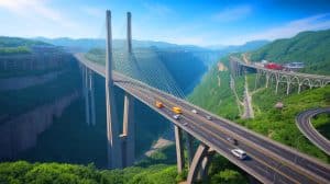 Illustration of the Huajiang Grand Canyon Bridge towering above the landscape with mountains in the background.