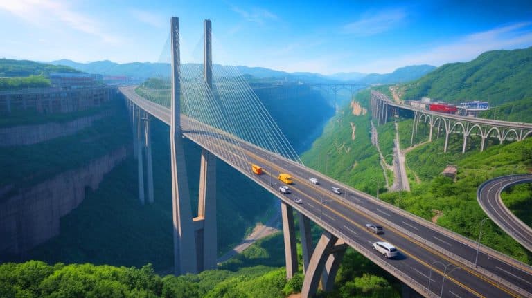 “They Cut Through Mountains”: China Unveils $341 Million Huajiang Bridge Soaring 2,051 Feet As Locals Fear Environmental Destruction Illustration of the Huajiang Grand Canyon Bridge towering above the landscape with mountains in the background.