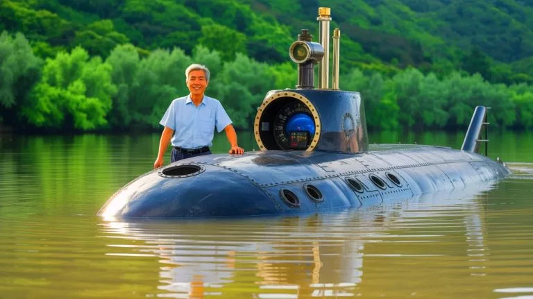 Illustration of a retired Chinese farmer's homemade submarine, the "Big Black Fish," diving beneath the Fengle River.