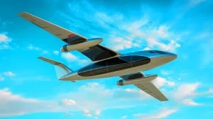 Illustration of a futuristic aircraft design powered by hydrogen fuel, showcasing a blended-wing body architecture.