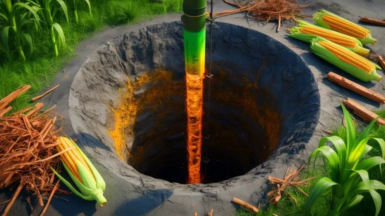 Illustration of bio-oil injection into abandoned oil wells for carbon sequestration and environmental preservation.