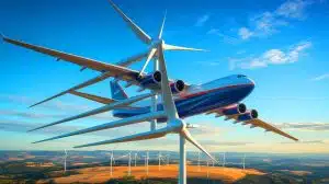Illustration of the WindRunner, a colossal cargo aircraft designed to transport wind turbine blades to terrestrial wind farms.