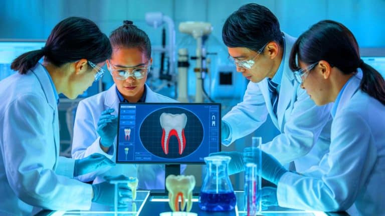 Illustration of Japanese researchers working on gene therapy for tooth regrowth.
