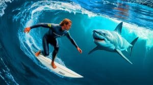 Illustration of a bite-resistant wetsuit being tested against shark bites in a controlled environment.