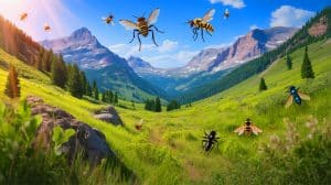 Illustration of the decline of insect populations in a mountain valley due to rising temperatures.