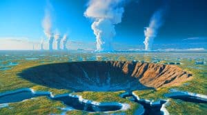 “They Explode Without Warning”: Scientists Link Siberian Craters To Methane Bursts Fueled By Melting Permafrost And Accelerating Climate Change Illustration of a giant crater in Siberia caused by methane gas emissions and climate change effects.