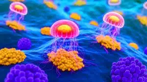 Illustration of fluorescent proteins being used as biological qubits within living cells.