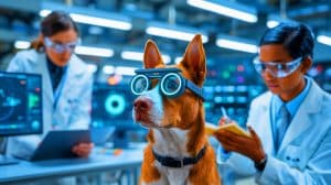 “Scientists Put Spy Glasses On Dogs”: Austrian Lab Discovers Dogs Need Both Pointing And Staring To Find Hidden Treats Illustration of a dog wearing eye-tracking equipment while responding to human cues.