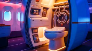 Illustration of the intricate engineering behind an airplane toilet system.
