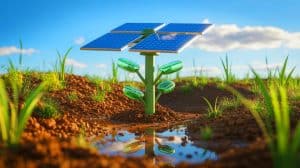 Illustration of a solar-powered artificial plant purifying radioactive soil.