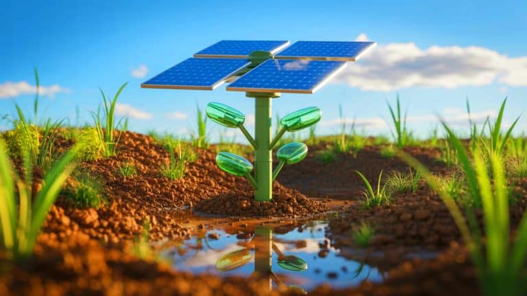 Illustration of a solar-powered artificial plant purifying radioactive soil.