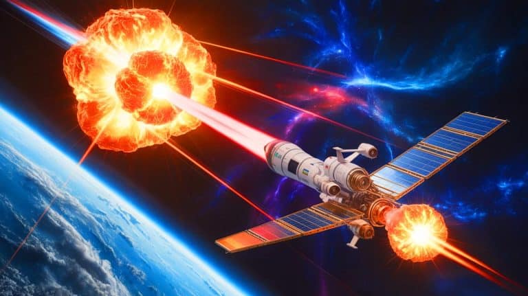 Illustration of a spacecraft propelled by nuclear explosions and solar sails.