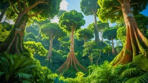 Illustration of Amazon trees increasing in size due to rising CO2 levels.