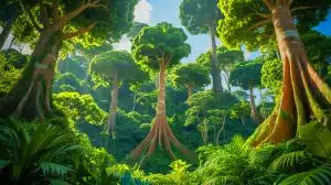 Illustration of Amazon trees increasing in size due to rising CO2 levels.