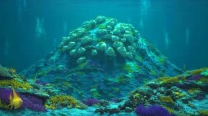 Illustration of an underwater volcano with giant skate eggs on its summit.