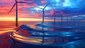 Illustration of the wake effect impacting offshore wind turbine efficiency.