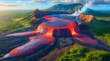 Illustration of Tiny Gas Bubbles Trapped in Magma Crystals Beneath Hawaii’s Volcanoes.