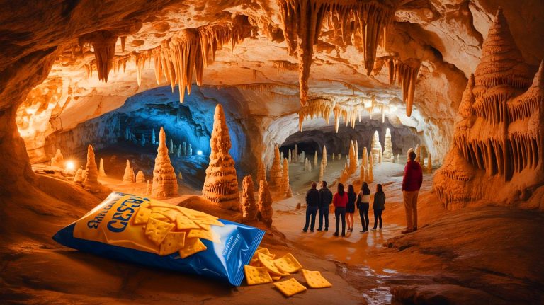Tourist’s Forgotten Cheese Chips Trigger Catastrophic Ecosystem Collapse in 119-Cave Carlsbad Caverns UNESCO Site Illustration of Carlsbad Caverns' geological formations and the impact of human activity on its ecosystem.