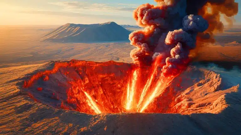 Illustration of the Darvaza crater emitting flames and methane gas in the Karakum Desert of Turkmenistan.