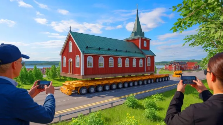 Illustration of the historic Kiruna Church being relocated on self-propelled transporters to its new site in Sweden.