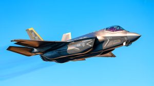 Illustration of Pratt & Whitney's F135 engine powering the F-35 Lightning II fighter jet.