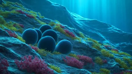 Illustration of mysterious black egg capsules discovered at 20,300 feet in the Kuril-Kamchatka Trench.
