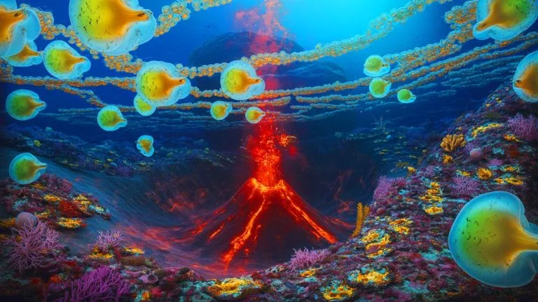 Illustration of an underwater volcano revealing giant Pacific white skate eggs.