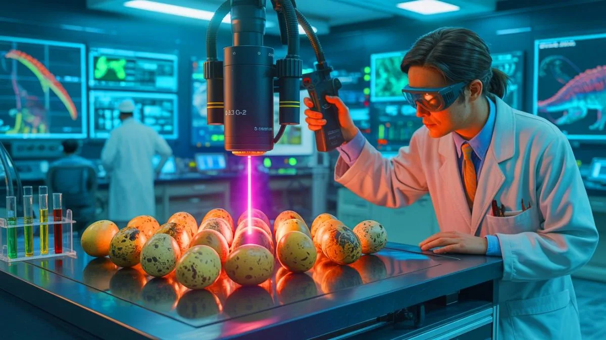 Illustration of a laser technique being used to date 85-million-year-old dinosaur eggs.