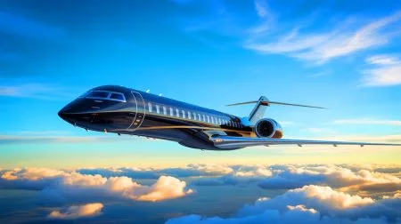 Illustration of the Bombardier Global 8000 jet soaring through the sky, showcasing its sleek design and advanced engineering.